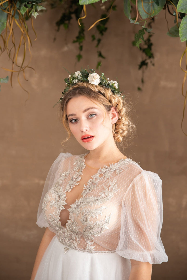 Bridal Flower Crown: Eucalyptus & White Flowers, Boho Wedding Headpiece – handmade floral hair accessory by magaela