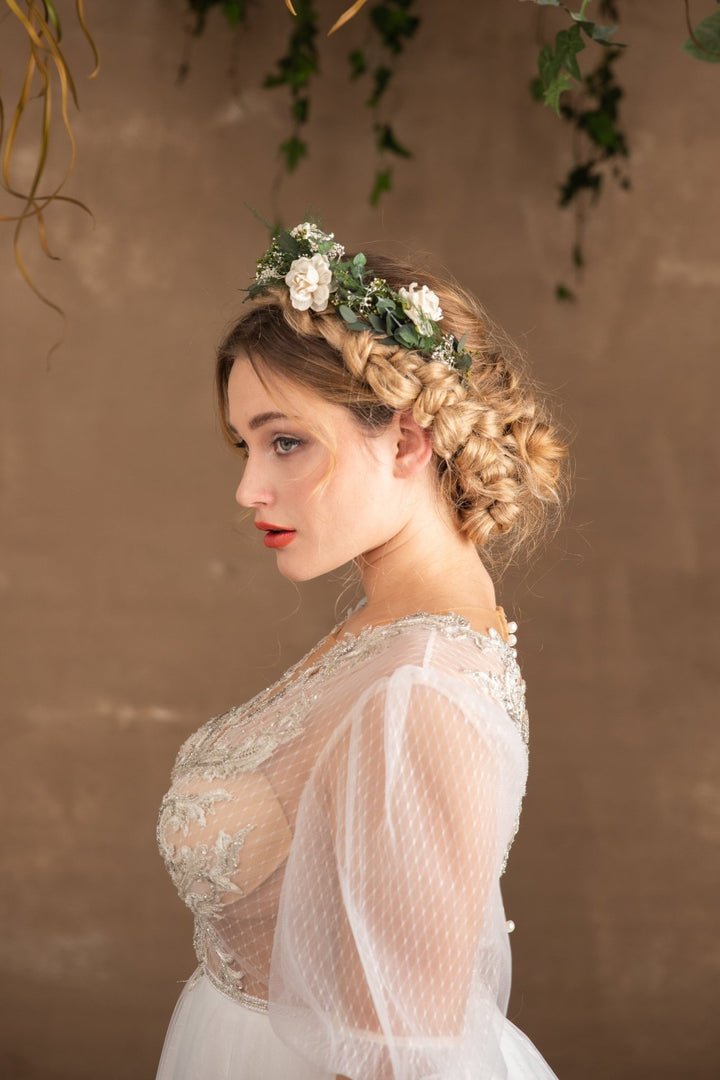 Bridal Flower Crown: Eucalyptus & White Flowers, Boho Wedding Headpiece – handmade floral hair accessory by magaela