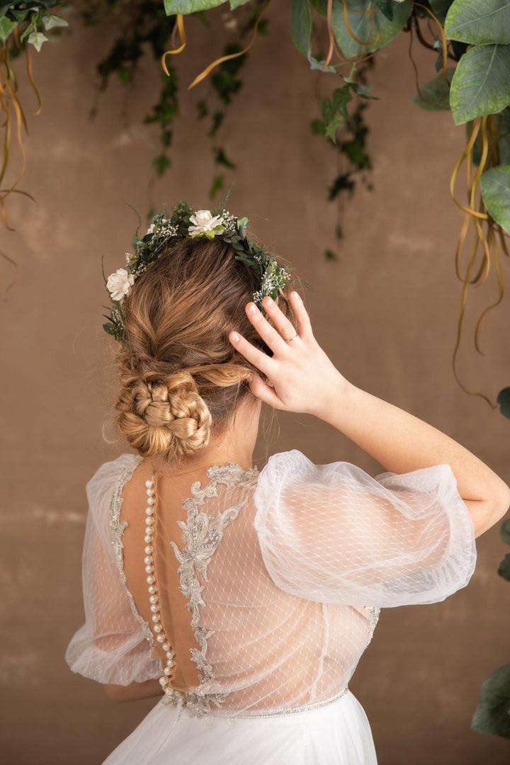Bridal Flower Crown: Eucalyptus & White Flowers, Boho Wedding Headpiece – handmade floral hair accessory by magaela