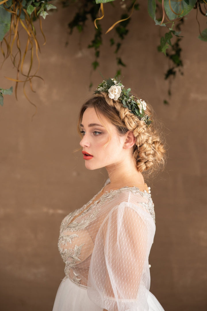 Bridal Flower Crown: Eucalyptus & White Flowers, Boho Wedding Headpiece – handmade floral hair accessory by magaela