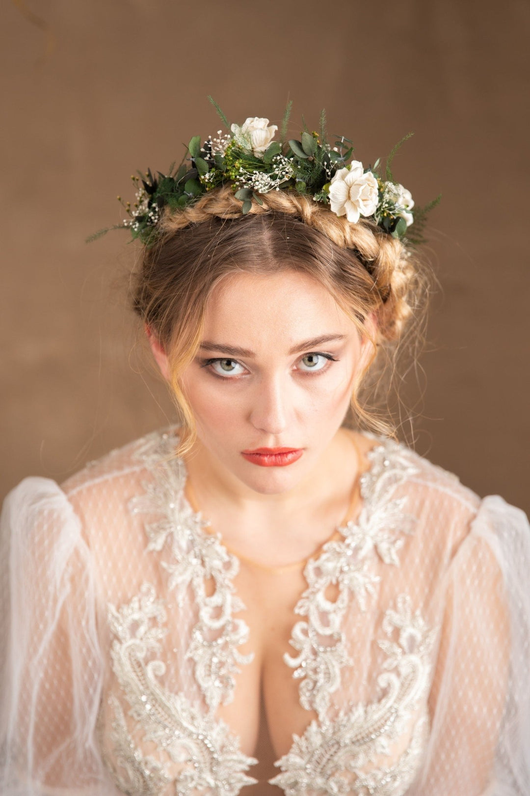 Bridal Flower Crown: Eucalyptus & White Flowers, Boho Wedding Headpiece – handmade floral hair accessory by magaela