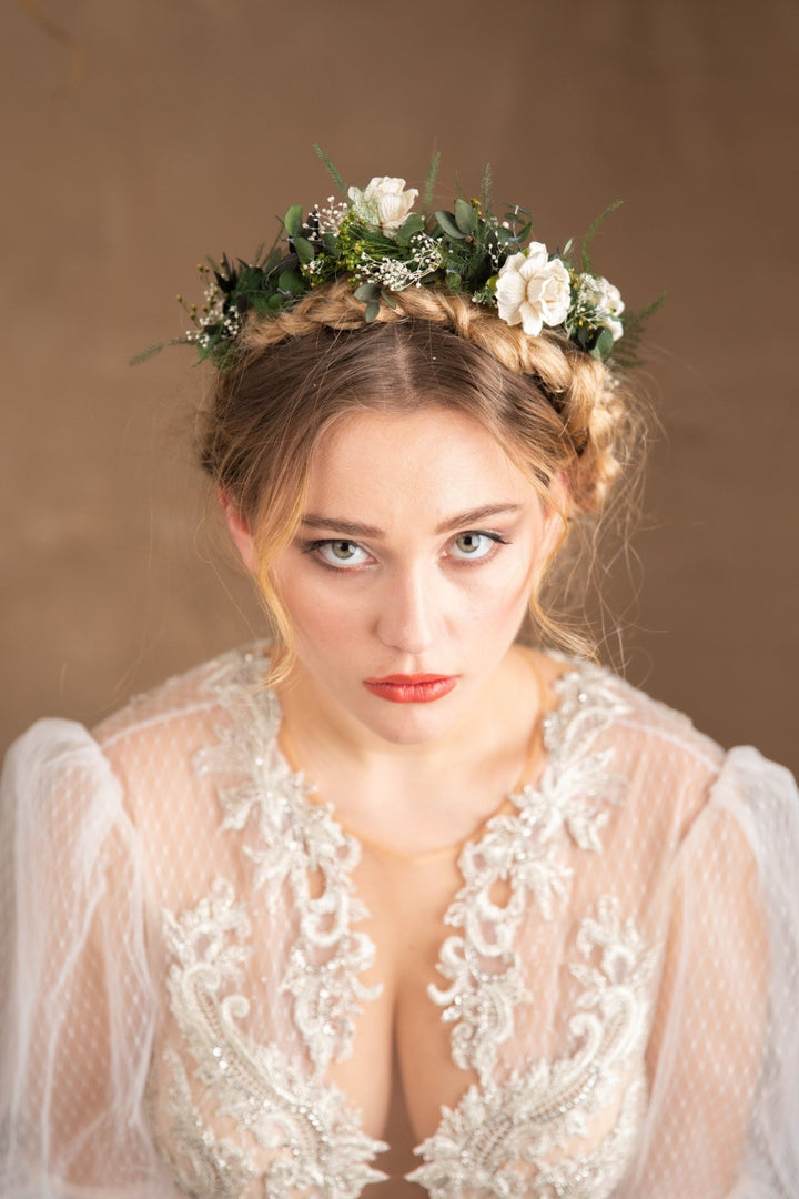 Bridal Flower Crown: Eucalyptus & White Flowers, Boho Wedding Headpiece – handmade floral hair accessory by magaela