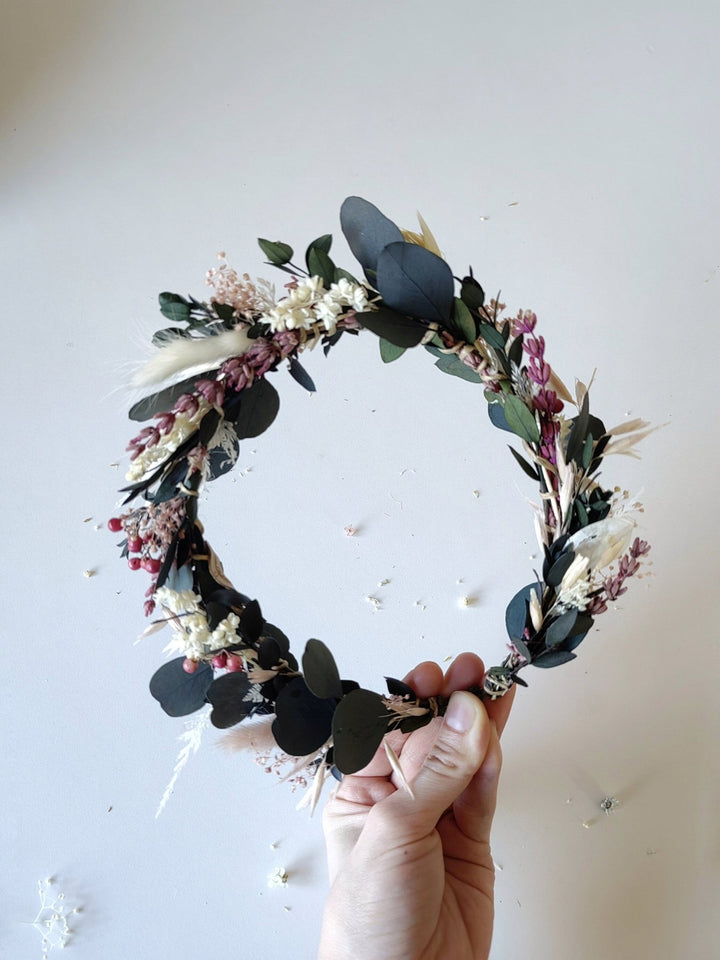 Eucalyptus Bridal Crown: Preserved Flower Half Wreath, Boho Wedding – handmade floral hair accessory by magaela
