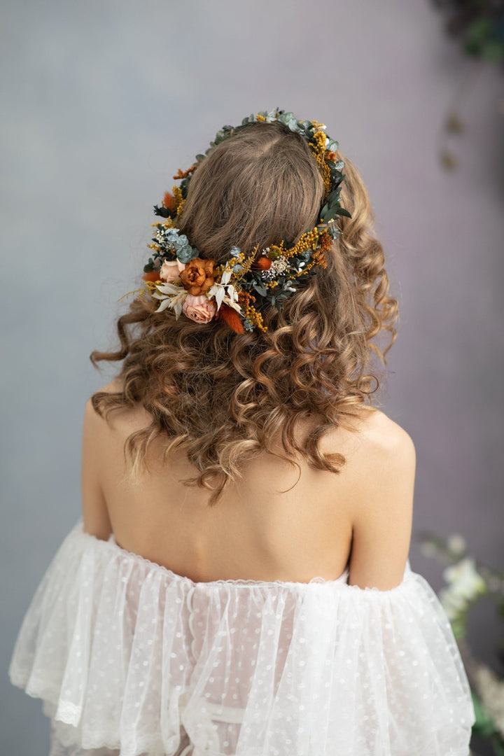 Boho Terracotta Wedding Flower Crown with Hair Comb – handmade floral hair accessory by magaela