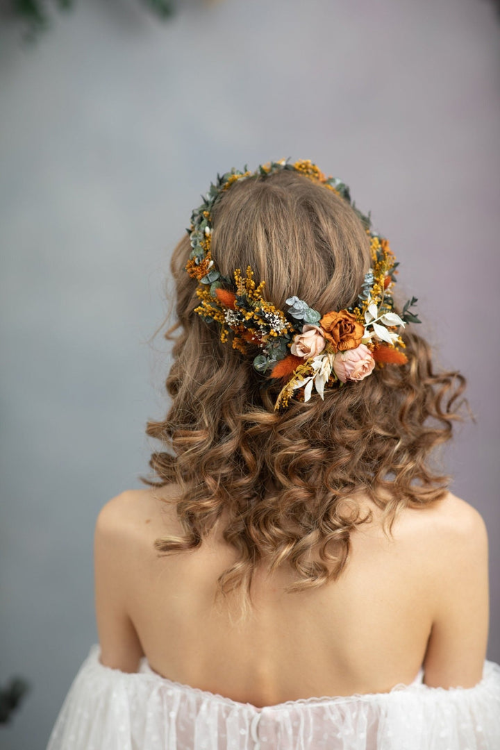Boho Terracotta Wedding Flower Crown with Hair Comb – handmade floral hair accessory by magaela