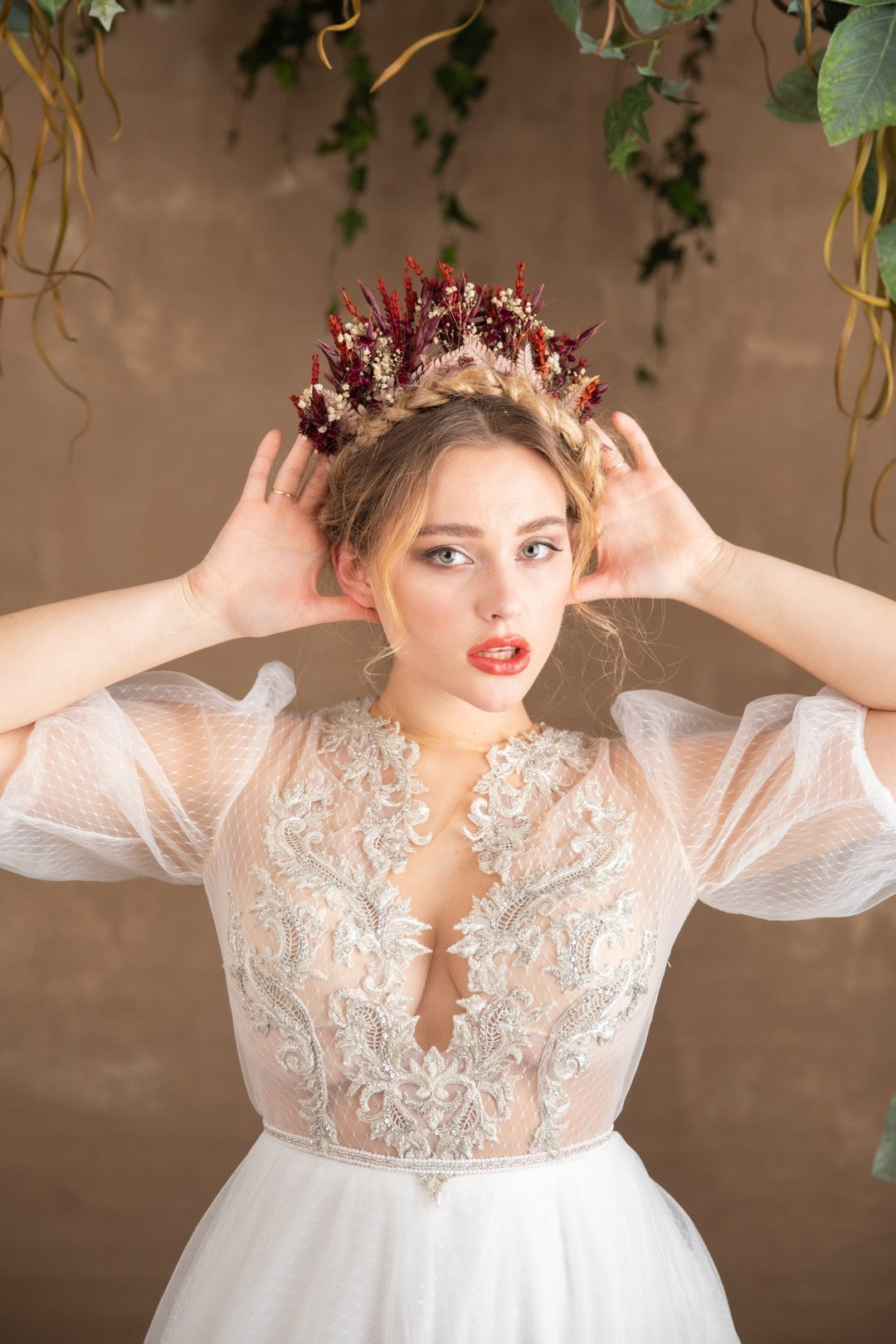 Burgundy Preserved Flower Crown: Boho Bridal Headpiece – handmade floral hair accessory by magaela