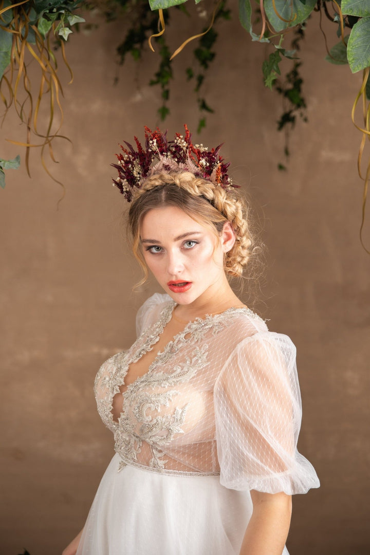Burgundy Preserved Flower Crown: Boho Bridal Headpiece – handmade floral hair accessory by magaela