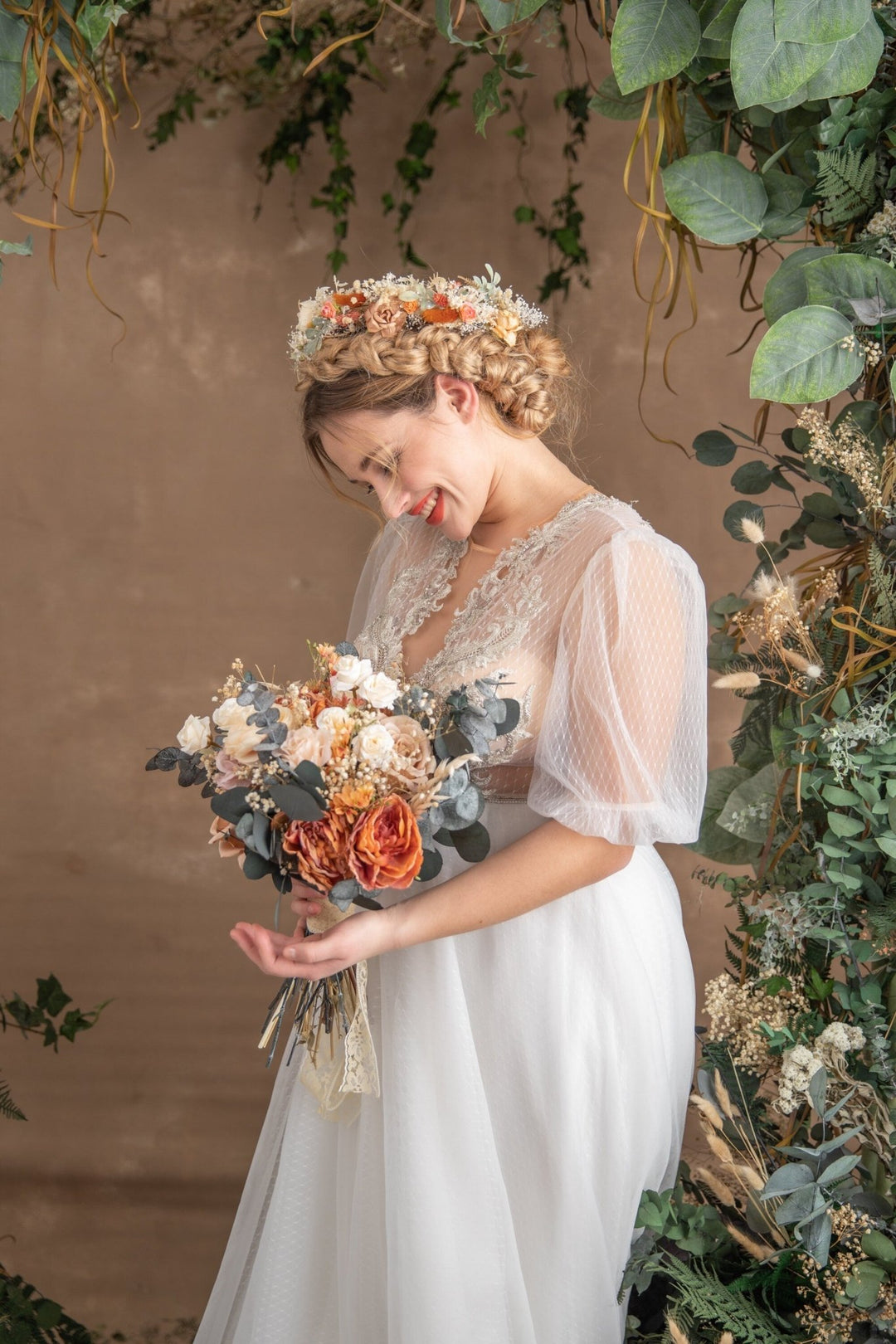 Rustic Orange Bridal Bouquet: Boho Summer Wedding Flowers – handmade floral hair accessory by magaela