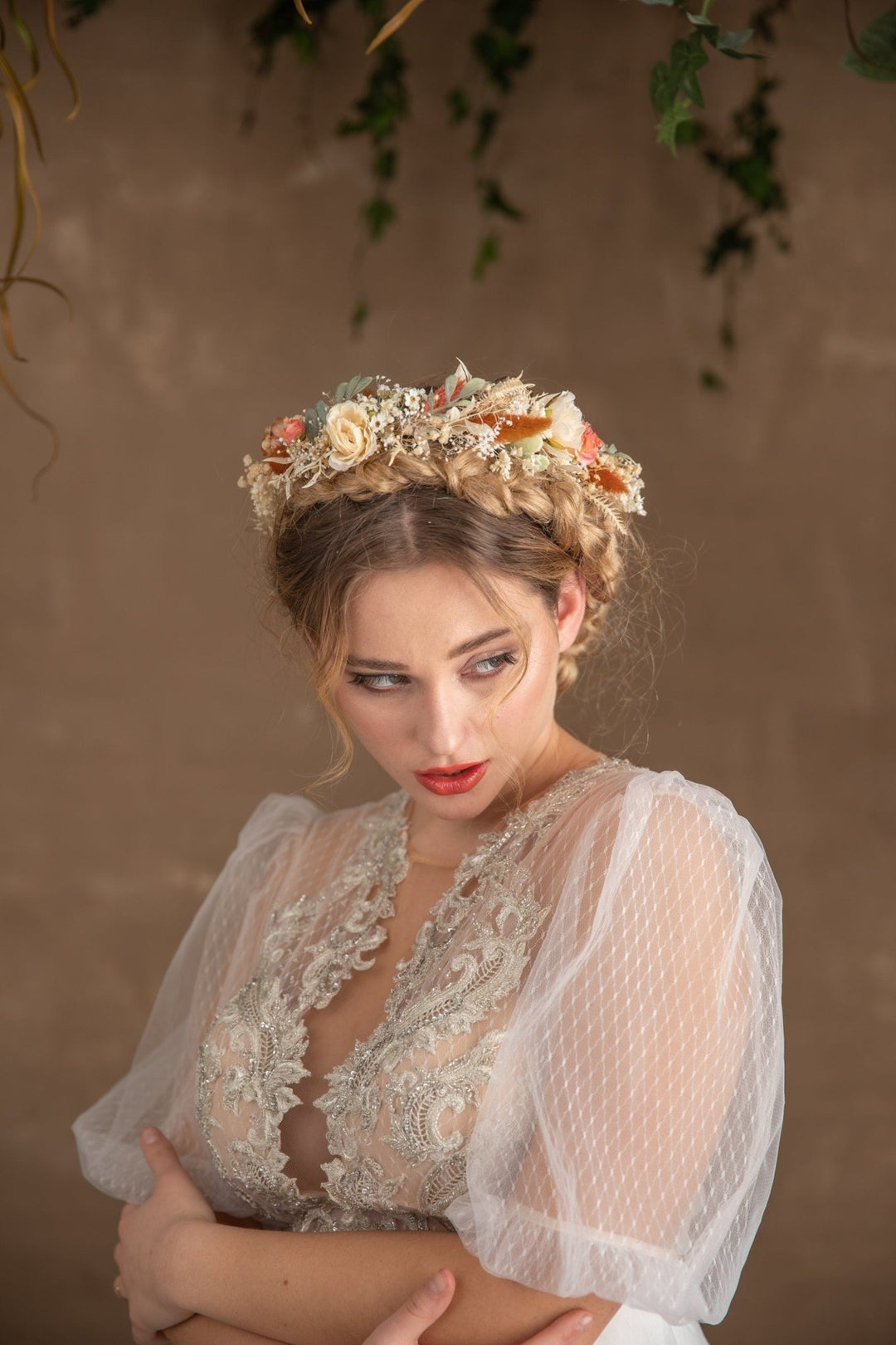 Boho Flower Half Wreath: Vintage Cottagecore Bridal Crown – handmade floral hair accessory by magaela