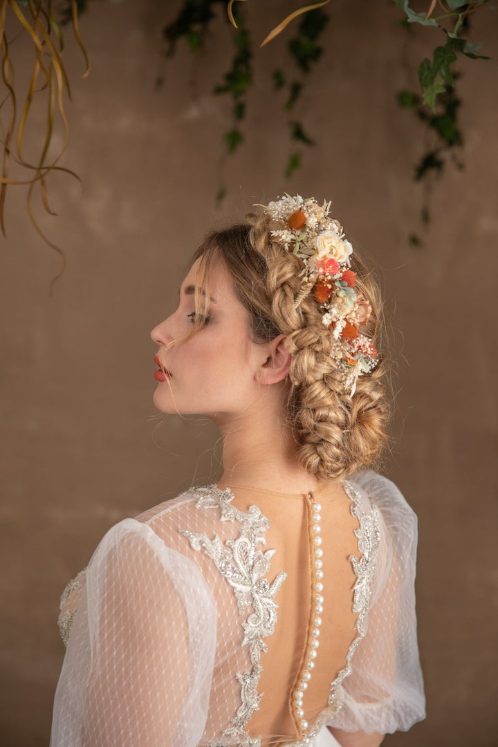 Boho Flower Half Wreath: Vintage Cottagecore Bridal Crown – handmade floral hair accessory by magaela