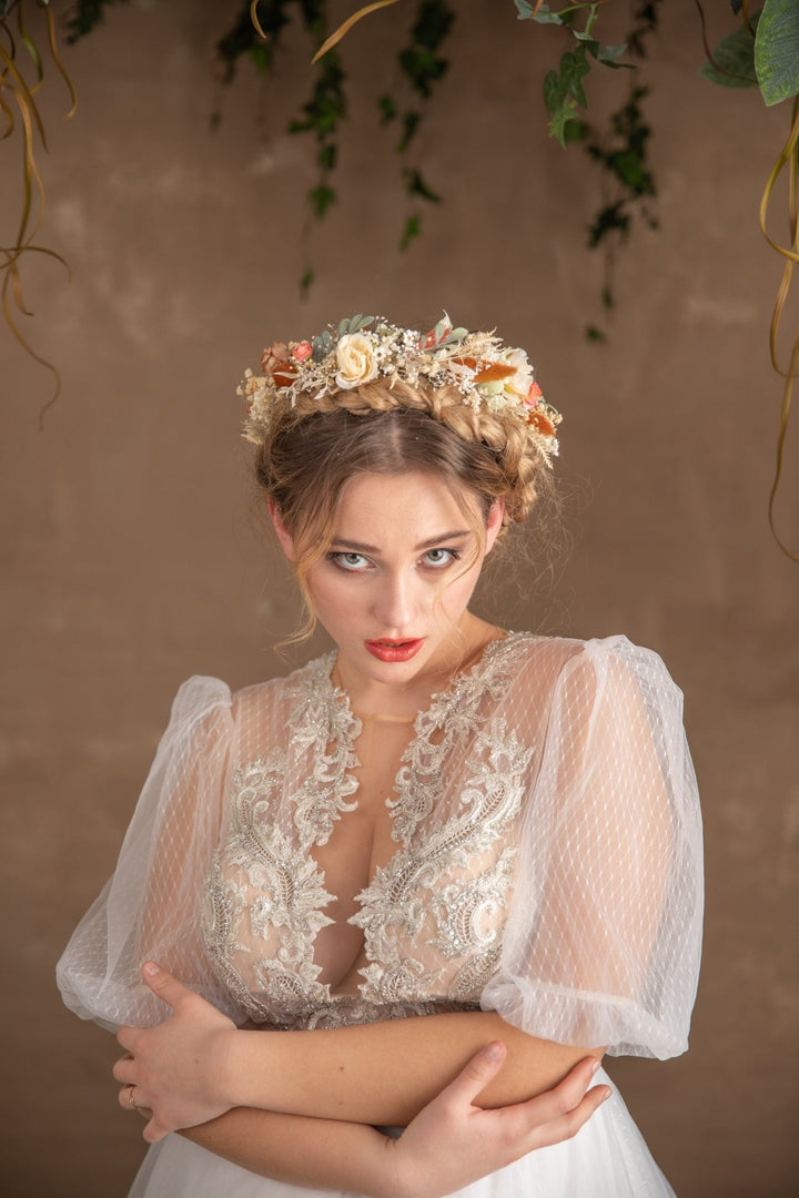 Boho Flower Half Wreath: Vintage Cottagecore Bridal Crown – handmade floral hair accessory by magaela