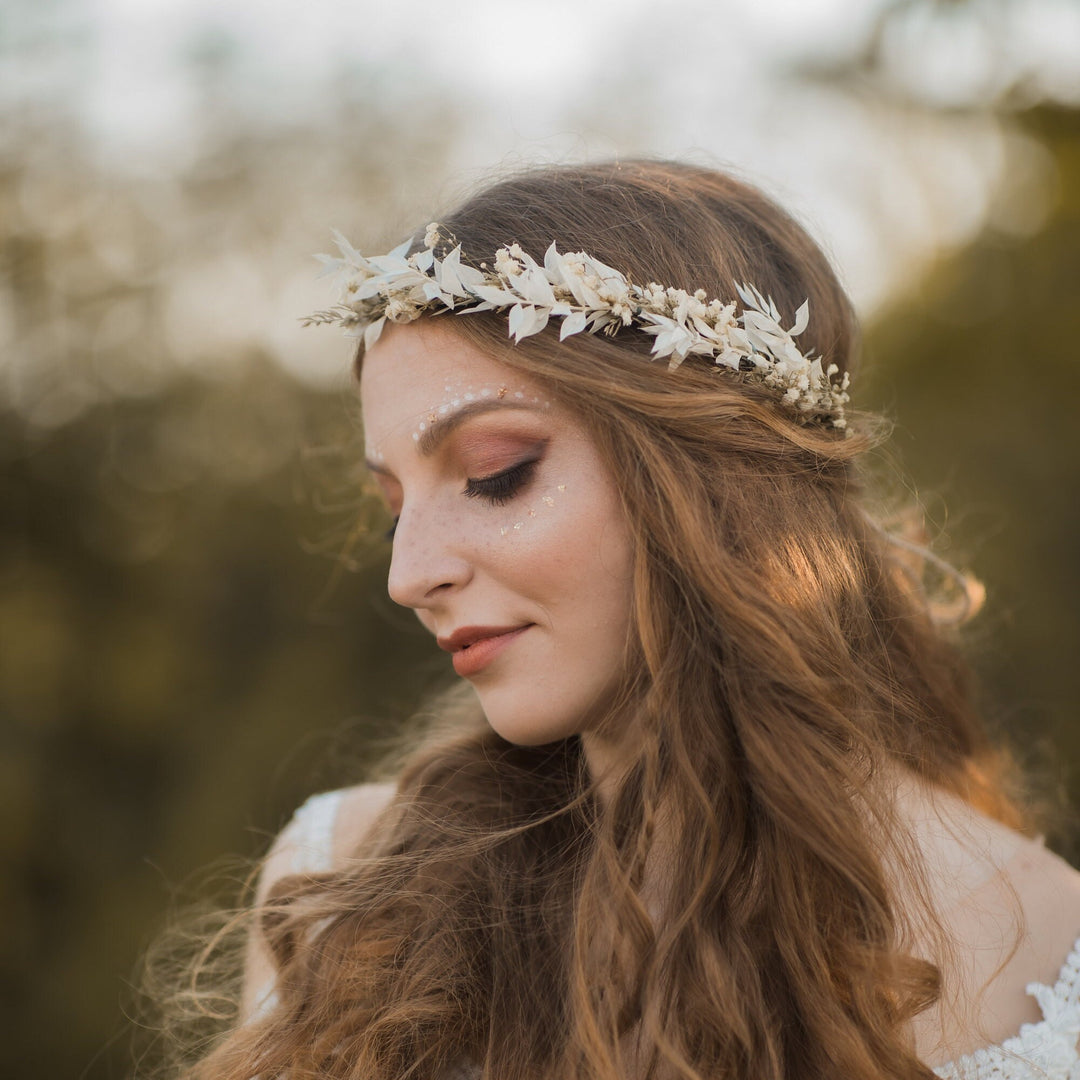 Ivory Baby's Breath Flower Crown: Dried Flower Wedding Headpiece – handmade floral hair accessory by magaela