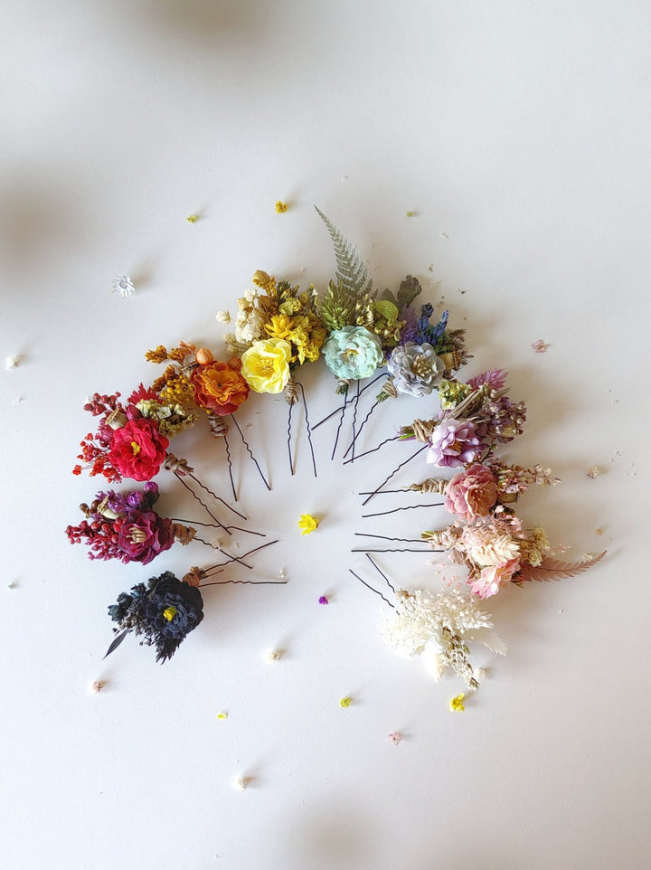Rainbow Meadow Flower Hairpins: Boho Wedding Hair Accessories – handmade floral hair accessory by magaela