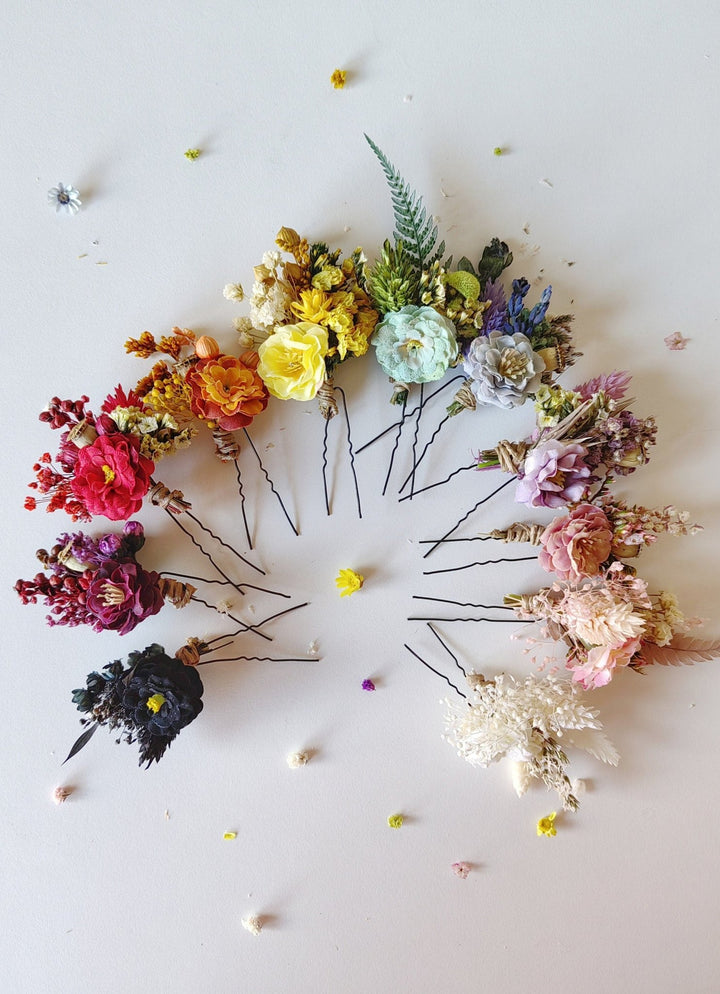 Rainbow Meadow Flower Hairpins: Boho Wedding Hair Accessories – handmade floral hair accessory by magaela