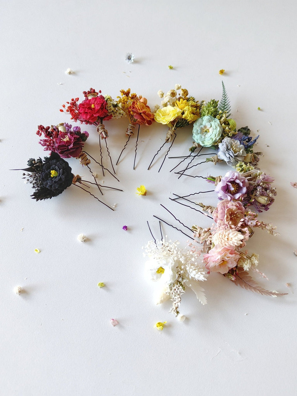 Rainbow Meadow Flower Hairpins: Boho Wedding Hair Accessories – handmade floral hair accessory by magaela
