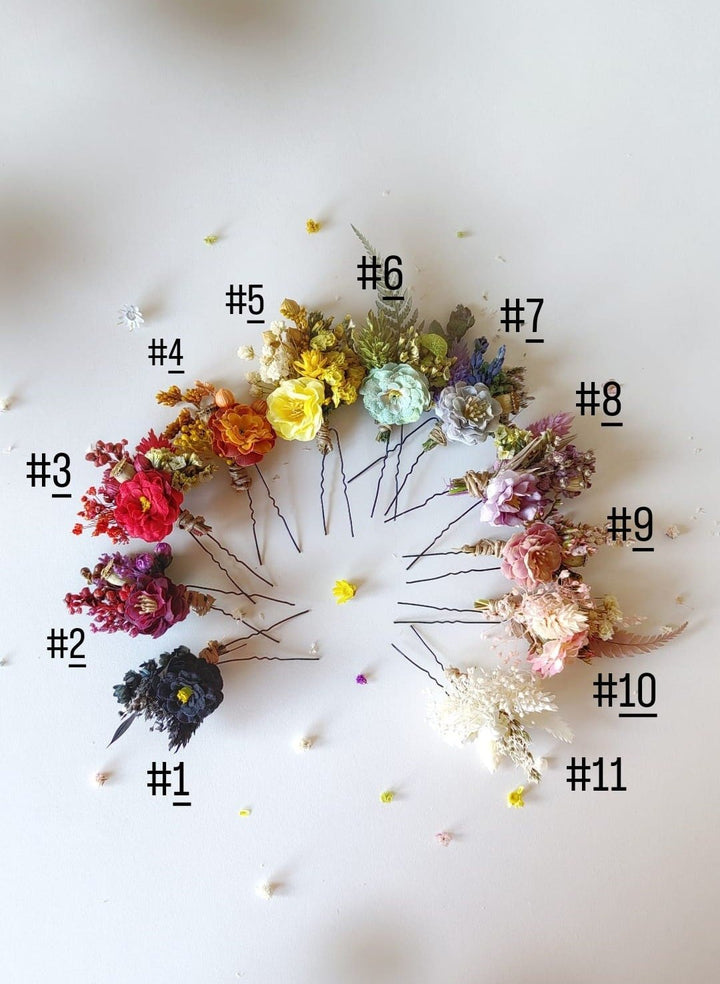 Rainbow Meadow Flower Hairpins: Boho Wedding Hair Accessories – handmade floral hair accessory by magaela