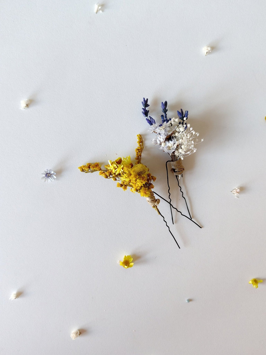 Preserved Flower Hair Pins: Lavender, Yellow & Blue, Rustic Wedding – handmade floral hair accessory by magaela