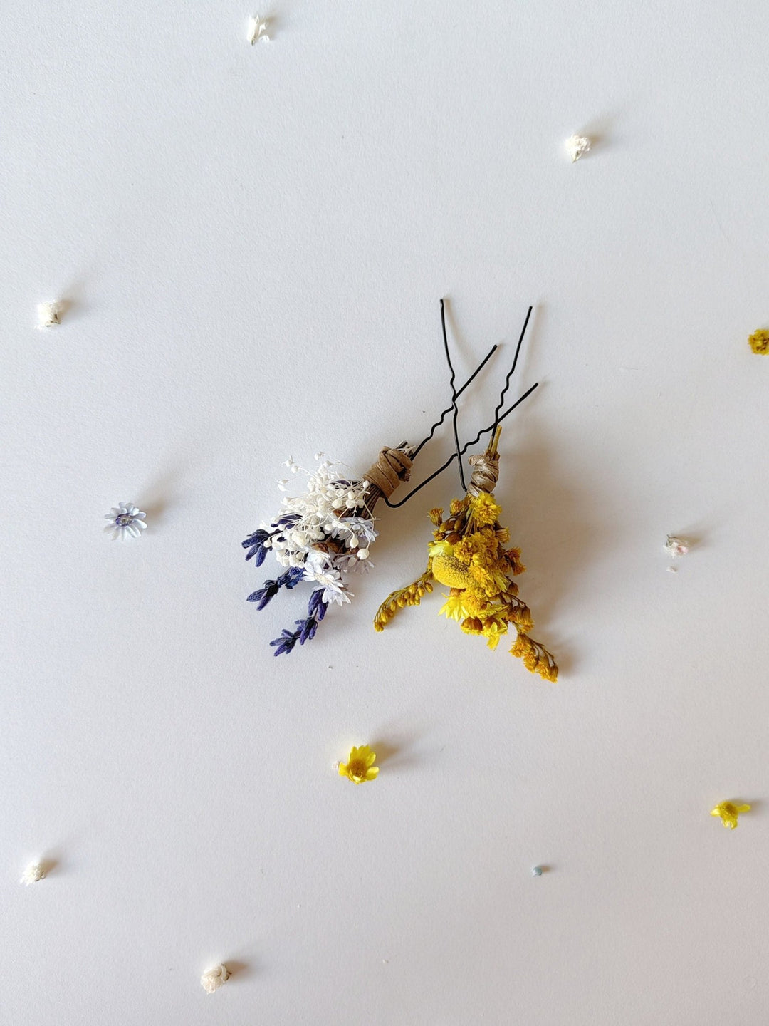 Preserved Flower Hair Pins: Lavender, Yellow & Blue, Rustic Wedding – handmade floral hair accessory by magaela