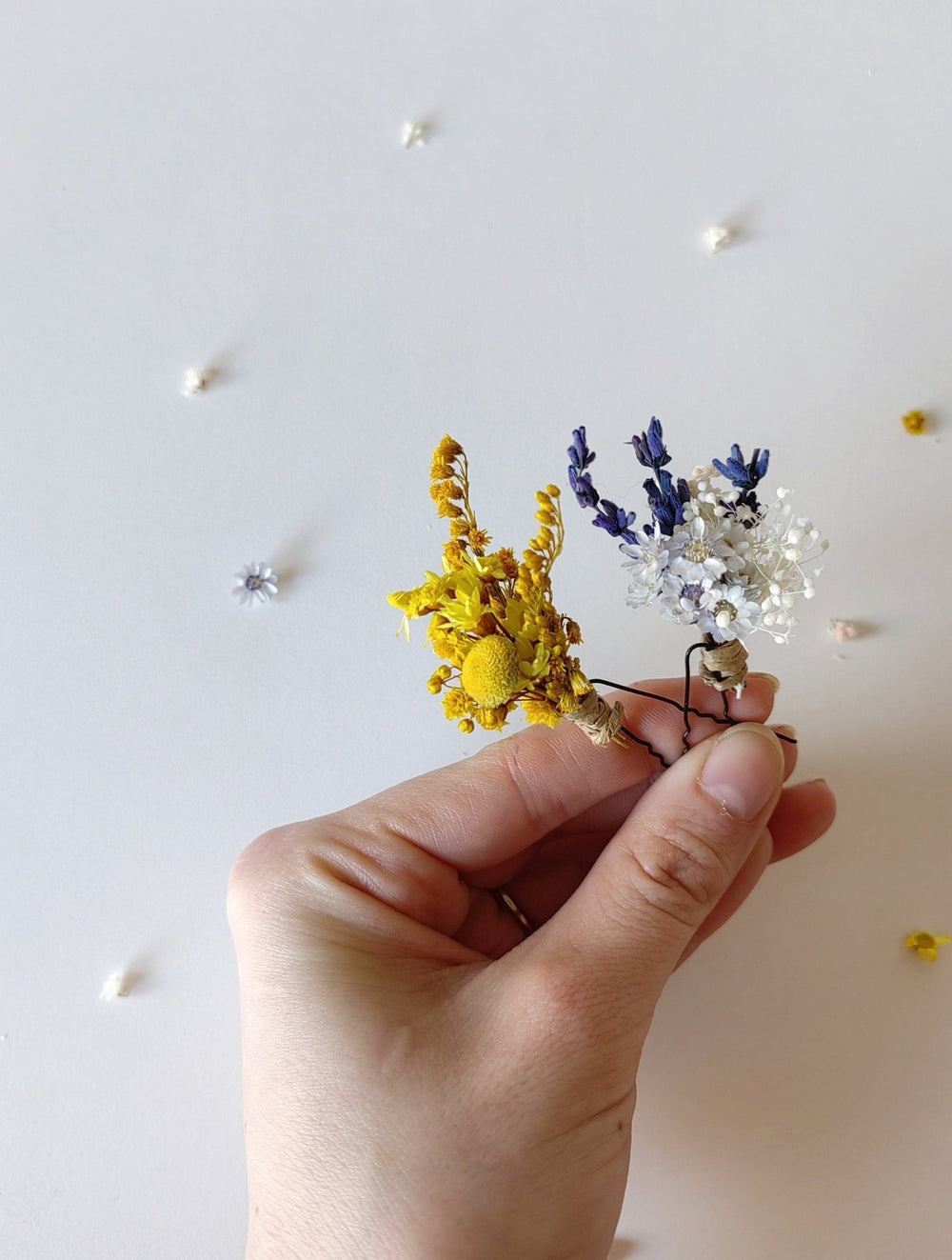 Preserved Flower Hair Pins: Lavender, Yellow & Blue, Rustic Wedding – handmade floral hair accessory by magaela