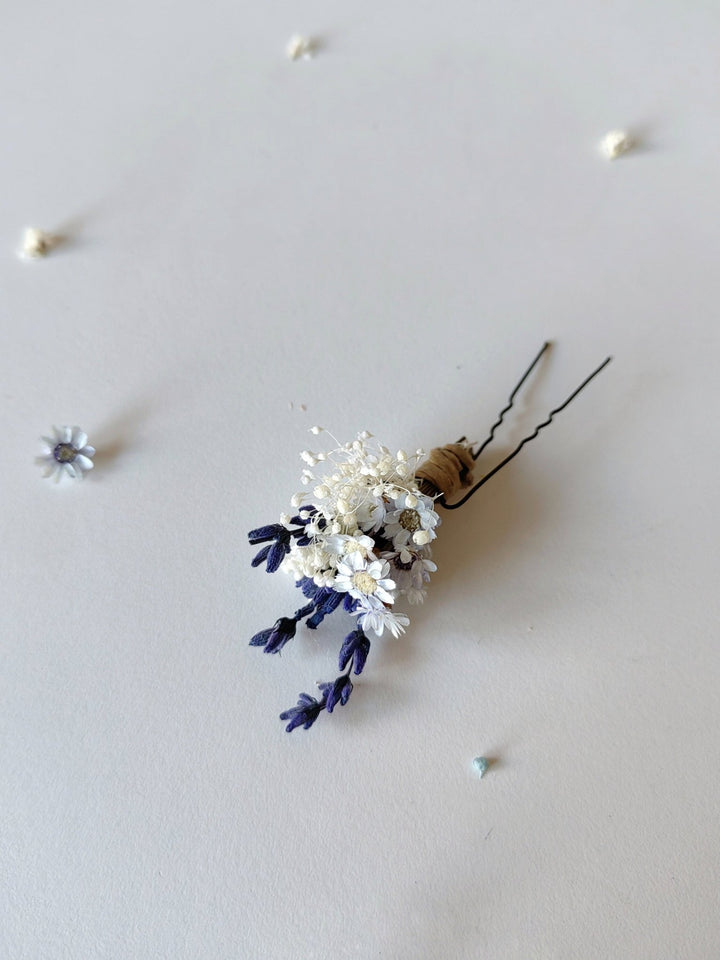Preserved Flower Hair Pins: Lavender, Yellow & Blue, Rustic Wedding – handmade floral hair accessory by magaela