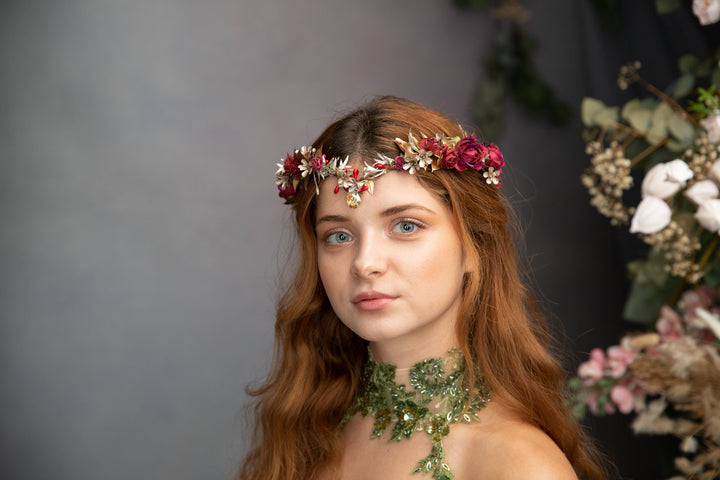 Golden Burgundy Flower Tiara: Elven Wedding Bridal Crown – handmade floral hair accessory by magaela