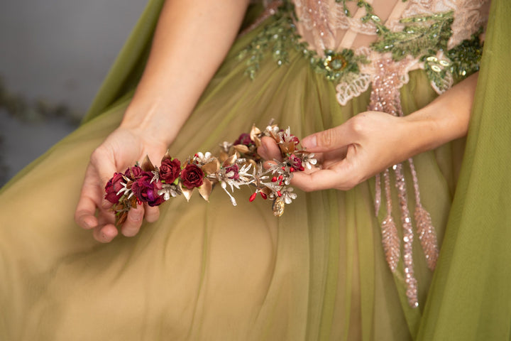 Golden Burgundy Flower Tiara: Elven Wedding Bridal Crown – handmade floral hair accessory by magaela