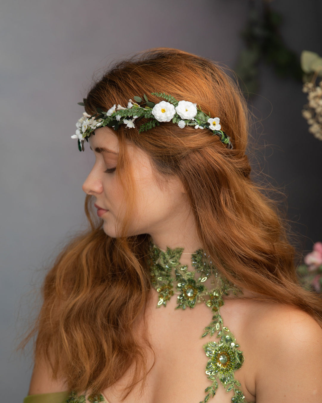 Greenery Flower Tiara: Elven Bridal Crown, Woodland Wedding – handmade floral hair accessory by magaela
