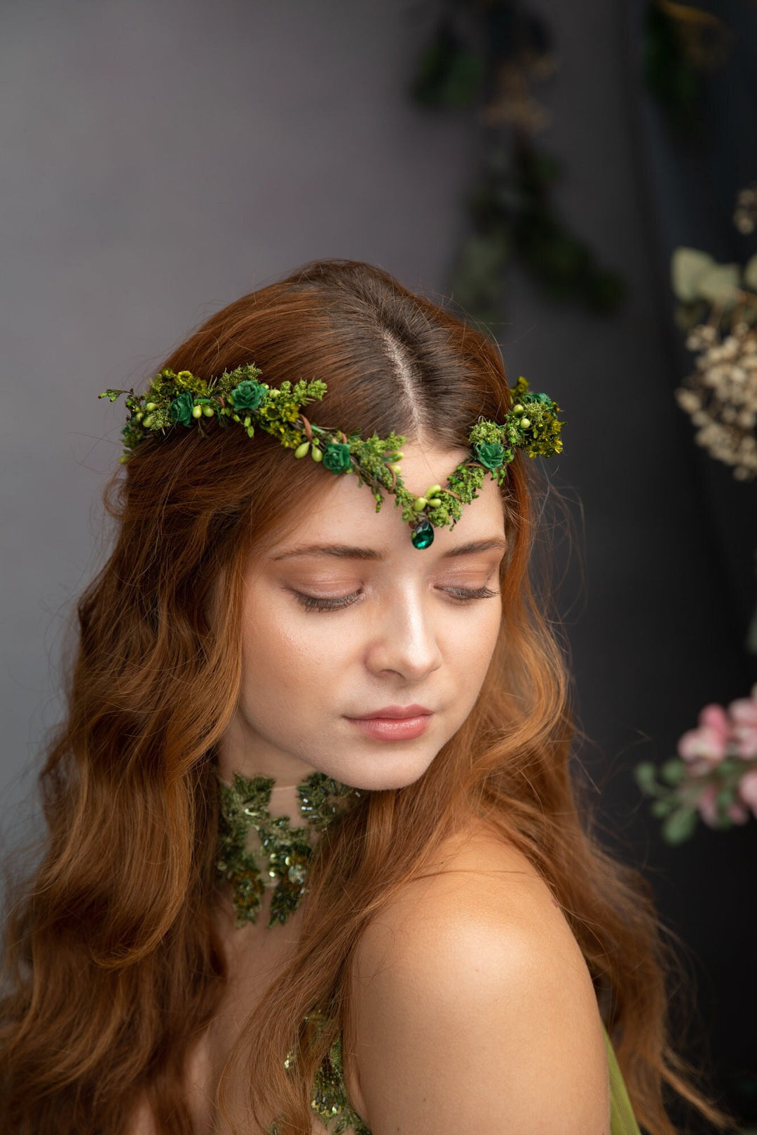 Green Flower Elf Tiara: Woodland Wedding Fairy Crown – handmade floral hair accessory by magaela