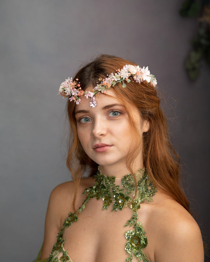 Romantic Pink Flower Elf Crown: Elven Wedding Tiara – handmade floral hair accessory by magaela