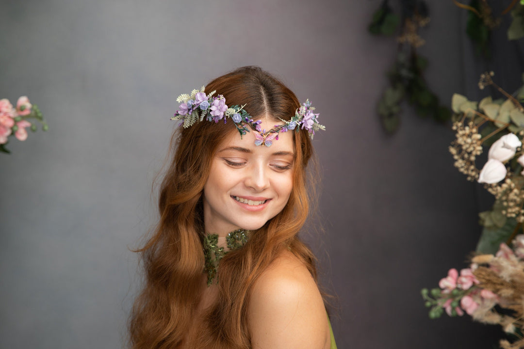 Elven Flower Tiara: Butterfly Wedding Crown, Lilac Fairy Bridal Headpiece – handmade floral hair accessory by magaela