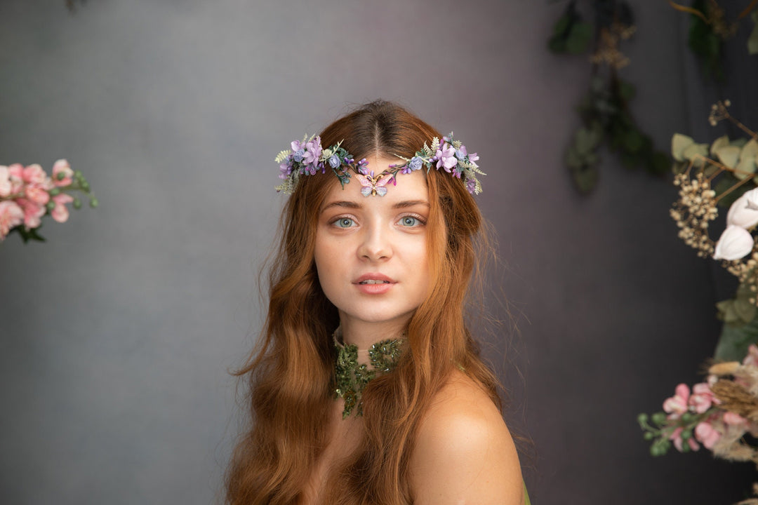 Elven Flower Tiara: Butterfly Wedding Crown, Lilac Fairy Bridal Headpiece – handmade floral hair accessory by magaela