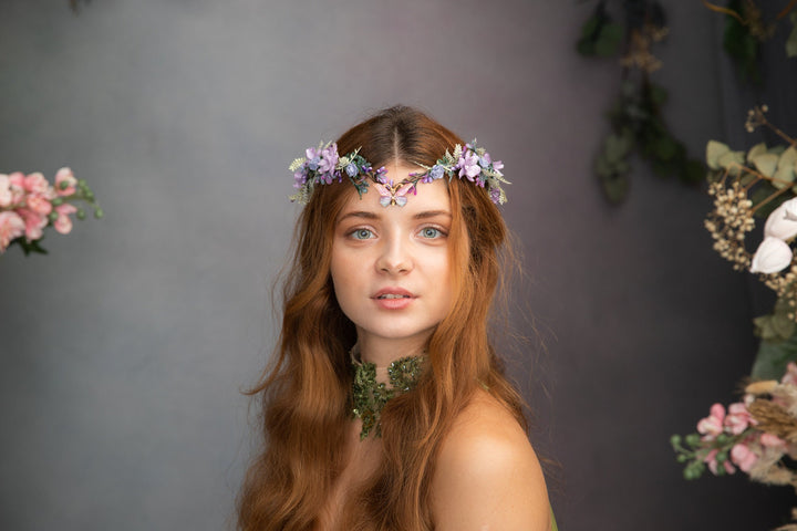 Elven Flower Tiara: Butterfly Wedding Crown, Lilac Fairy Bridal Headpiece – handmade floral hair accessory by magaela