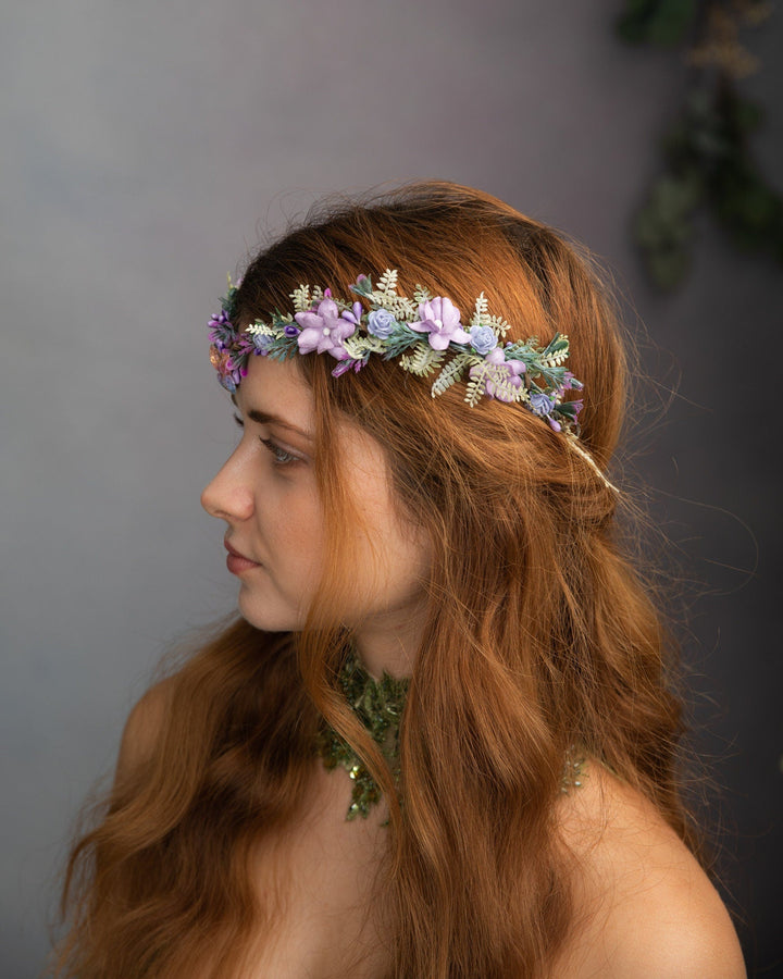 Elven Flower Tiara: Butterfly Wedding Crown, Lilac Fairy Bridal Headpiece – handmade floral hair accessory by magaela