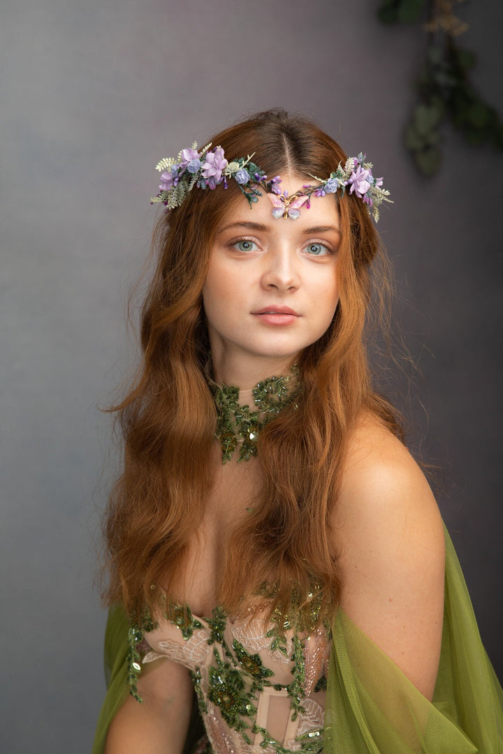 Elven Flower Tiara: Butterfly Wedding Crown, Lilac Fairy Bridal Headpiece – handmade floral hair accessory by magaela