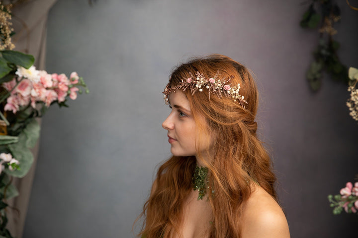 Romantic Rose Gold Flower Tiara: Elven Bridal Wedding Crown – handmade floral hair accessory by magaela