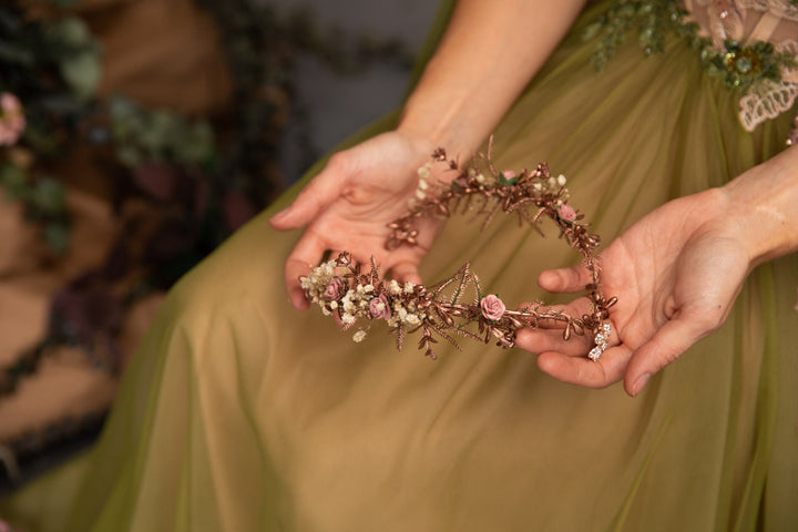 Romantic Rose Gold Flower Tiara: Elven Bridal Wedding Crown – handmade floral hair accessory by magaela