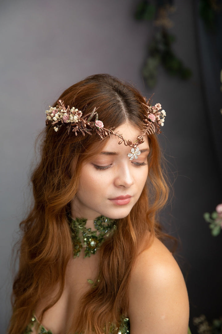 Romantic Rose Gold Flower Tiara: Elven Bridal Wedding Crown – handmade floral hair accessory by magaela
