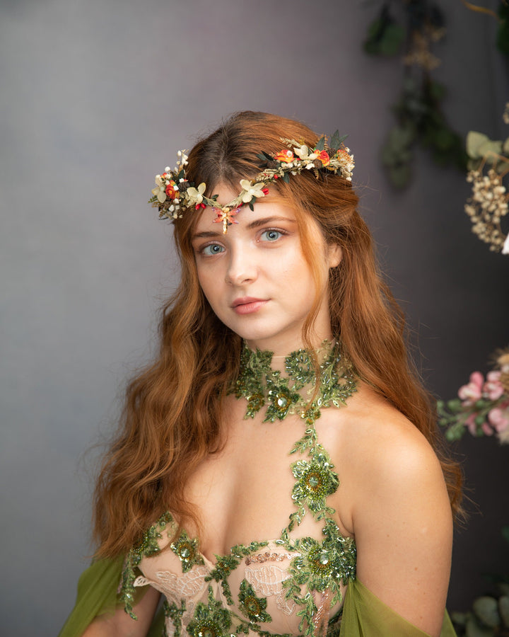 Autumn Wedding Flower Crown: Elven Fairy Tiara with Dragonfly – handmade floral hair accessory by magaela