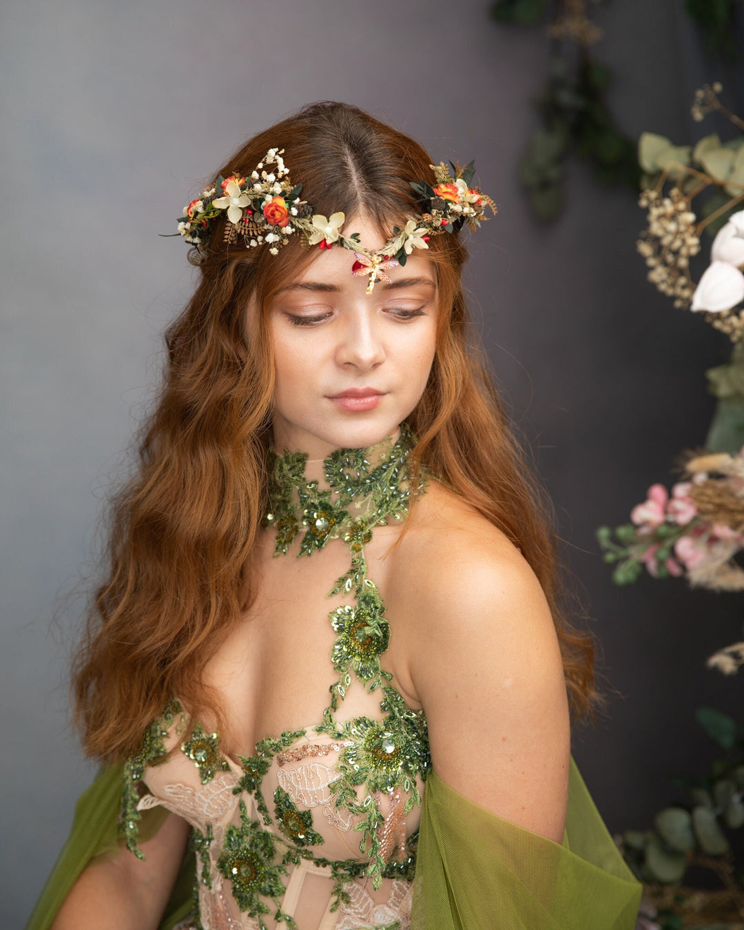 Autumn Wedding Flower Crown: Elven Fairy Tiara with Dragonfly – handmade floral hair accessory by magaela