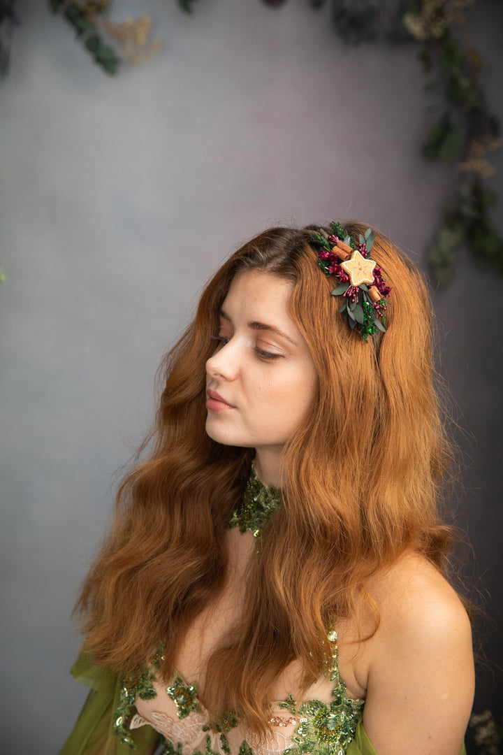 Christmas Flower Headband: Gingerbread Star & Heart, Winter Photoshoot – handmade floral hair accessory by magaela