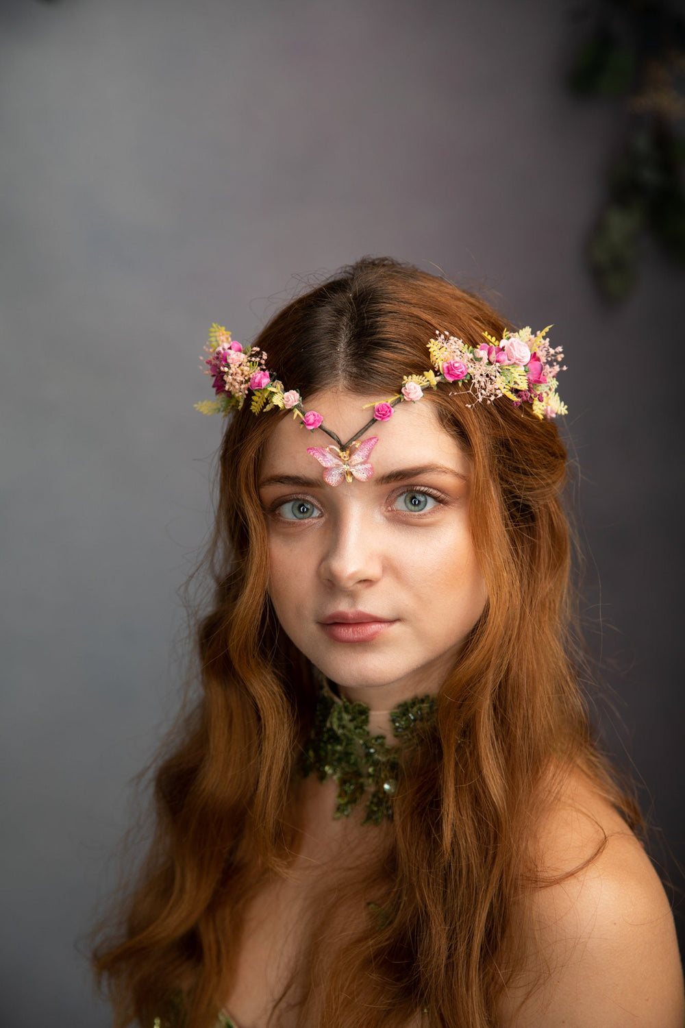 Pink Butterfly Flower Crown: Romantic Elven Wedding Tiara – handmade floral hair accessory by magaela