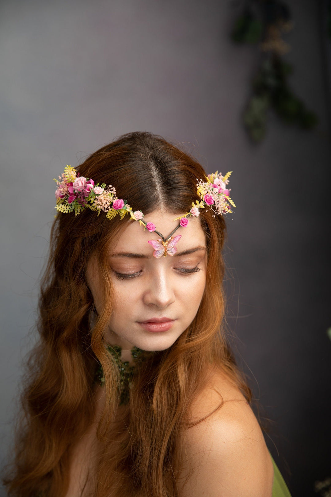 Pink Butterfly Flower Crown: Romantic Elven Wedding Tiara – handmade floral hair accessory by magaela