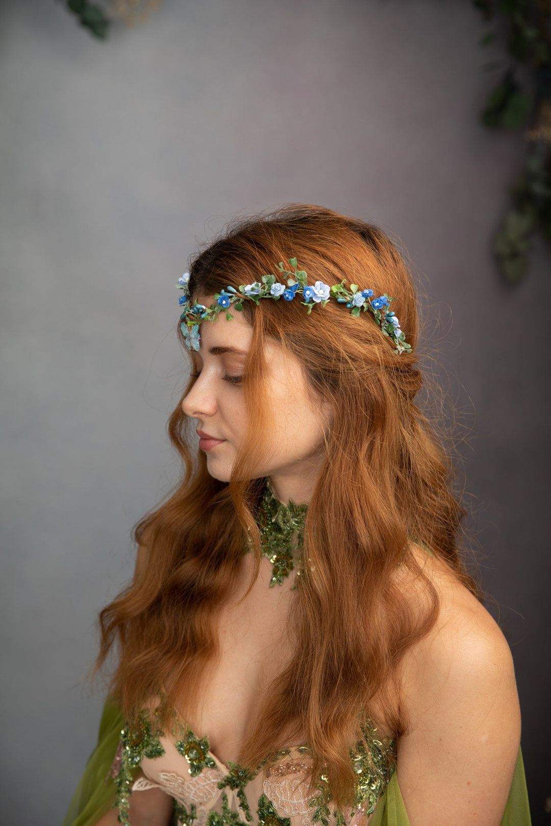 Blue Flower Butterfly Crown: Bridal Elven Tiara – handmade floral hair accessory by magaela