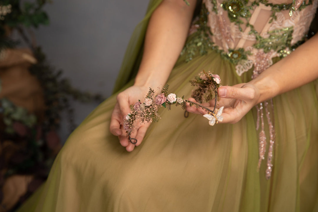 Vintage Blush Flower Crown: Bridal Elven Tiara with Butterfly – handmade floral hair accessory by magaela
