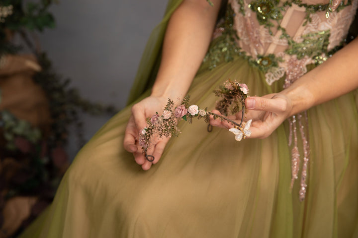 Vintage Blush Flower Crown: Bridal Elven Tiara with Butterfly – handmade floral hair accessory by magaela
