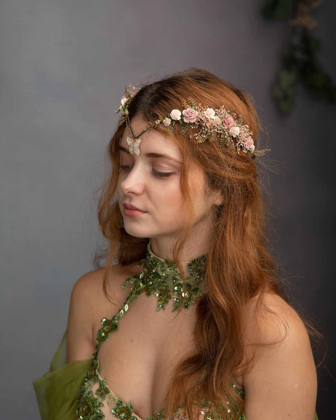 Vintage Blush Flower Crown: Bridal Elven Tiara with Butterfly – handmade floral hair accessory by magaela