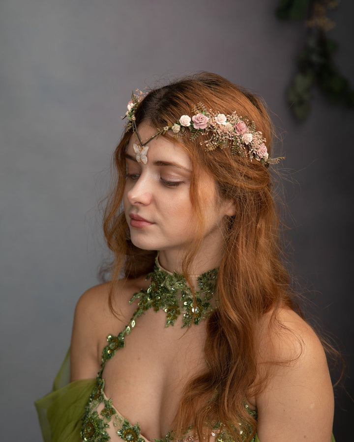 Vintage Blush Flower Crown: Bridal Elven Tiara with Butterfly – handmade floral hair accessory by magaela
