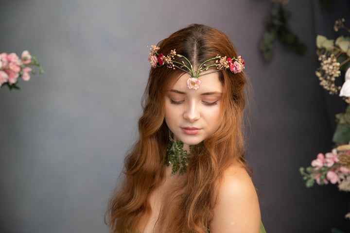Floral Elven Bridal Crown: Fairytale Wedding Tiara – handmade floral hair accessory by magaela