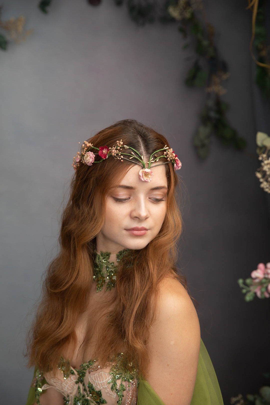 Floral Elven Bridal Crown: Fairytale Wedding Tiara – handmade floral hair accessory by magaela