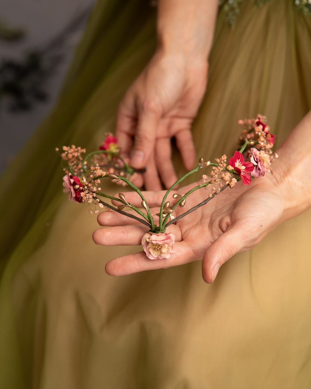 Floral Elven Bridal Crown: Fairytale Wedding Tiara – handmade floral hair accessory by magaela